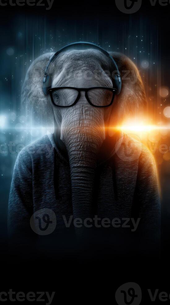 Elephant wearing headphones and glasses in modern digital art with cool lighting and vibrant colors photo