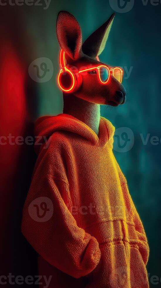 Kangaroo wearing headphones and sunglasses stands in a colorful urban setting during nighttime photo