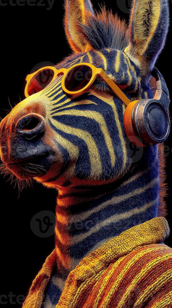 Funky zebra wearing sunglasses and headphones poses confidently against a dark background photo
