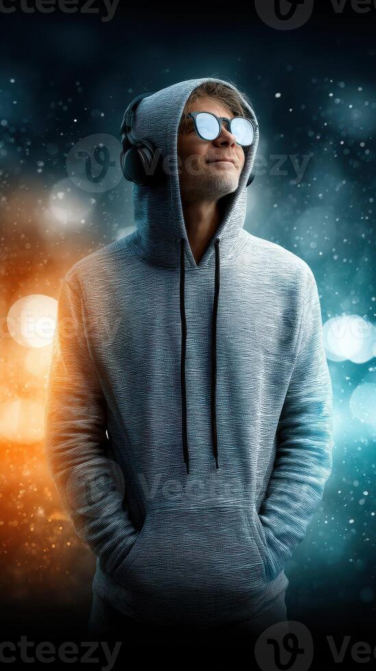 Young man in headphones wearing sunglasses while looking up against a blurred night background with vibrant light effects photo