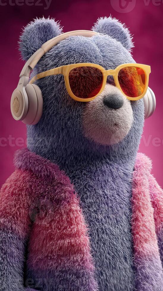 Colorful plush bear wearing sunglasses and headphones in a vibrant studio setting with a pink background photo