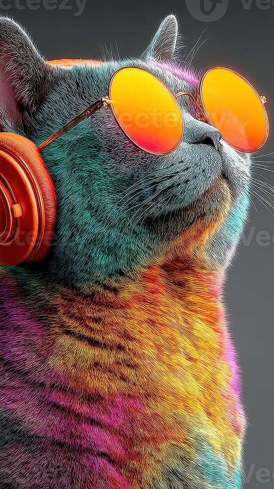 Colorful cat with headphones and sunglasses enjoying music in a vibrant atmosphere photo