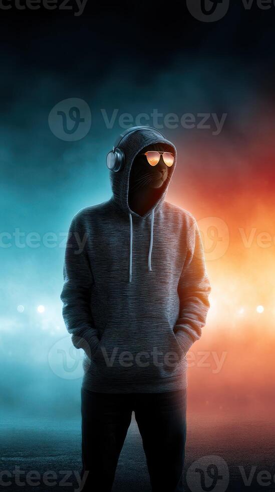 Mysterious figure in a hooded sweatshirt stands with headphones in a dramatic illuminated setting at night photo