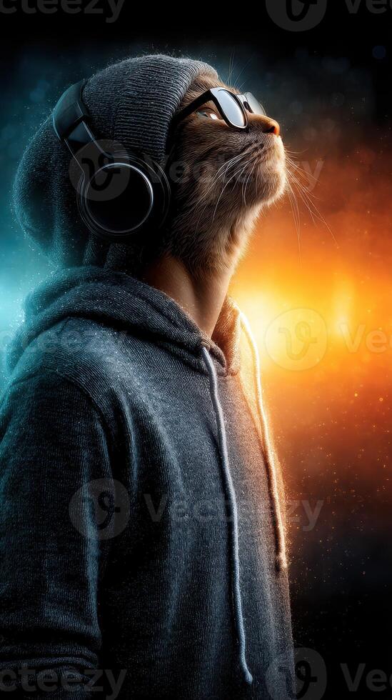 Creative blend of a cat and a person wearing headphones in a vibrant, colorful background photo