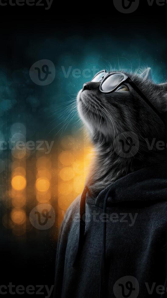 Stylish cat in glasses wearing a hoodie, gazing upward with a mystic background of soft glowing lights photo