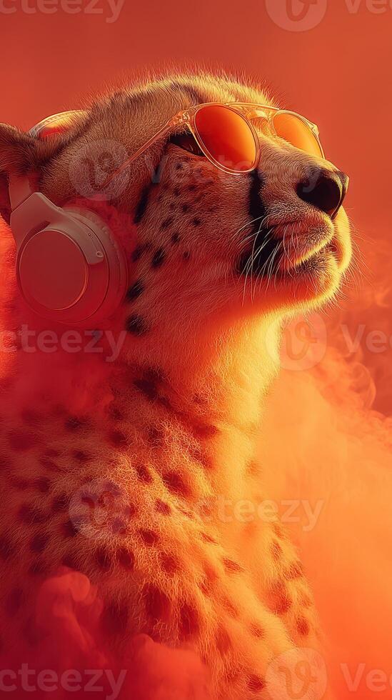 Stylish cheetah with headphones enjoys vibrant orange atmosphere during lively music event photo