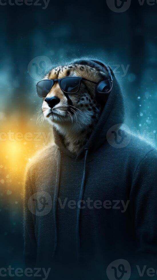 Cheetah wearing sunglasses and headphones in a dark environment with colorful lighting effects photo