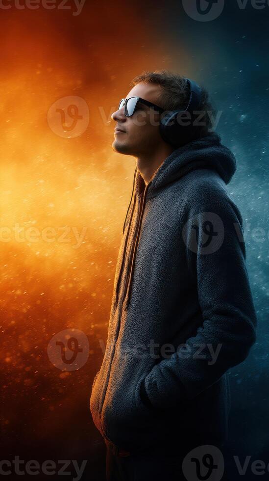 Young man enjoys music with headphones against a backdrop of warm orange and cool blue colors during an artistic visual display photo