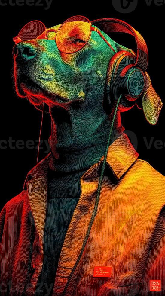 Dog wearing glasses and headphones enjoys music in a vibrant artistic display at night photo