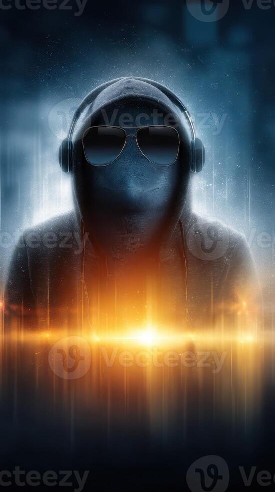 Mysterious figure wearing sunglasses and headphones in an abstract digital setting at night photo