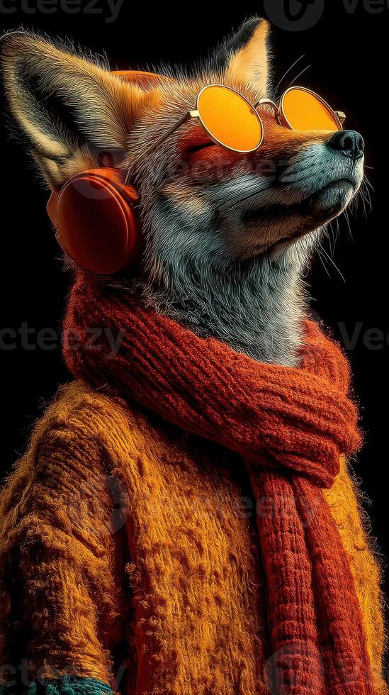 Stylish fox wearing sunglasses and headphones, showcasing a vibrant scarf and sweater in bold hues during a cozy indoor moment photo