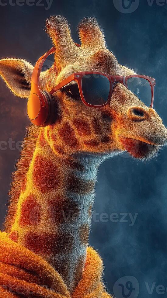 Giraffe wearing sunglasses and headphones in a vibrant, artistic setting photo