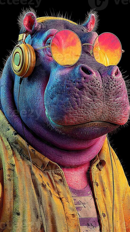 Hippo wearing sunglasses and headphones in a vibrant and colorful style during a lively street festival atmosphere photo