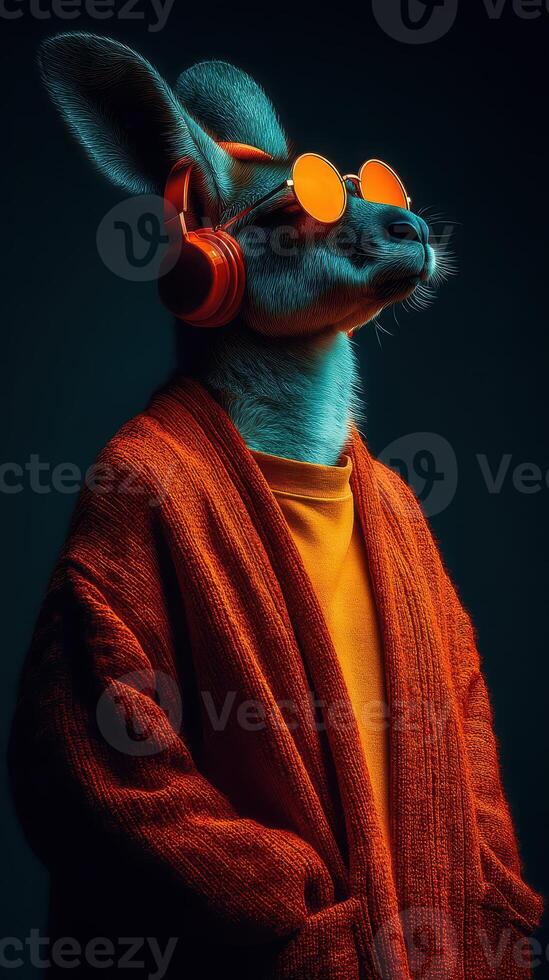 Stylish kangaroo wearing sunglasses and headphones in a cozy robe against a dark background photo