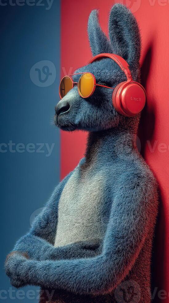 Stylish blue kangaroo wearing headphones stands confidently against a colorful backdrop photo