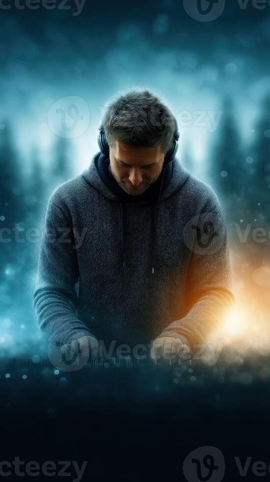 Musician creates electronic beats while immersed in a mystical forest setting during night time photo