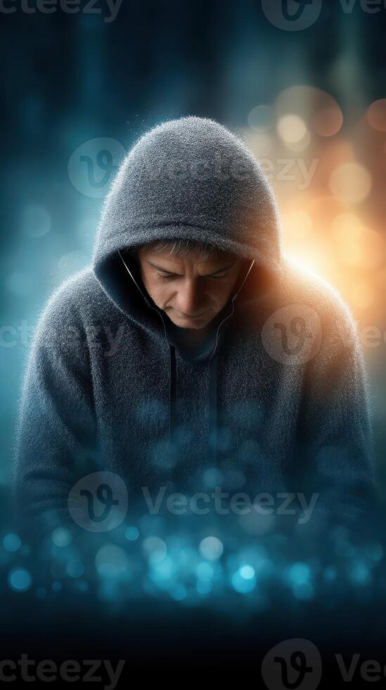 Person in a gray hoodie looking down, surrounded by soft blue and orange light effects in a blurred urban environment at night photo