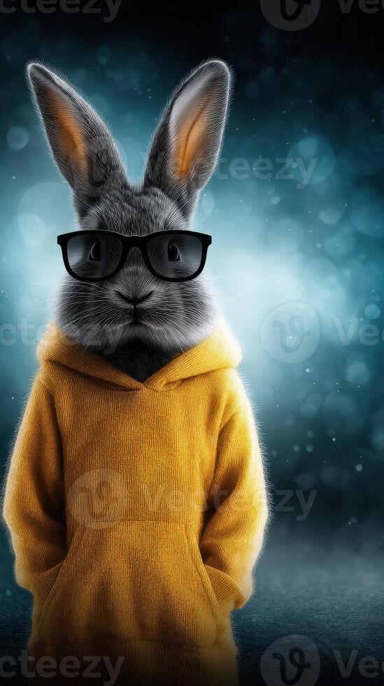 Cute rabbit wearing glasses and a yellow hoodie stands confidently against a colorful background photo
