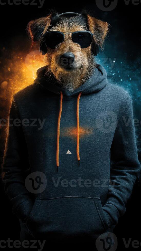 Dog wears sunglasses and headphones, dressed in a hoodie, against a colorful background in a studio setting photo