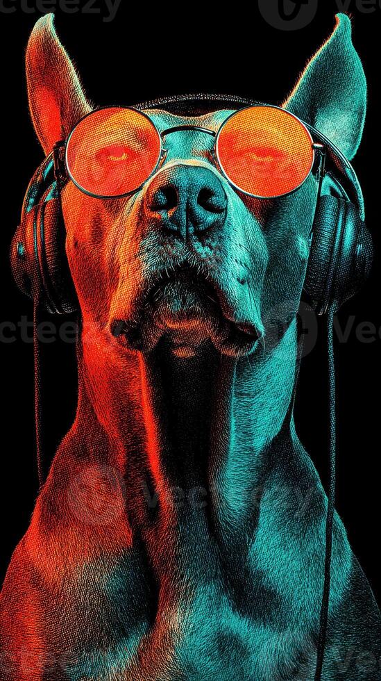 Dog wearing sunglasses and headphones poses confidently with vibrant colors in a creative and playful setting photo