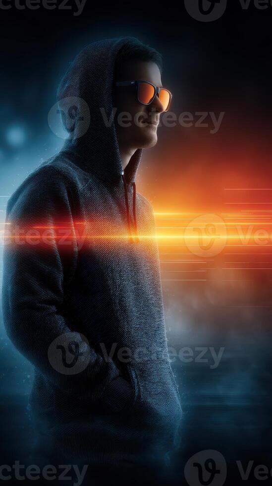 Young man in hoodie stands confidently against a vibrant digital backdrop at night photo