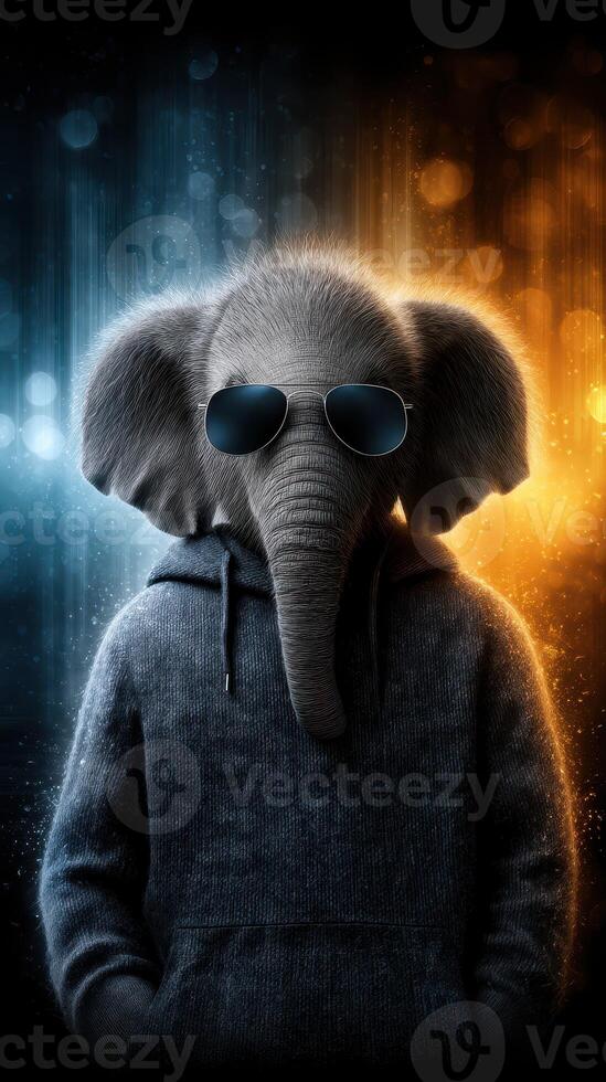 Elephant wearing sunglasses in a stylish outfit against a colorful background with dramatic lighting photo