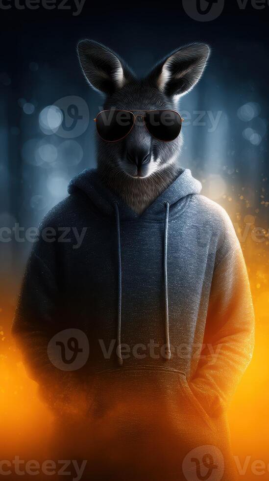 Kangaroo wearing sunglasses stands confidently in a mysterious forest setting at twilight photo