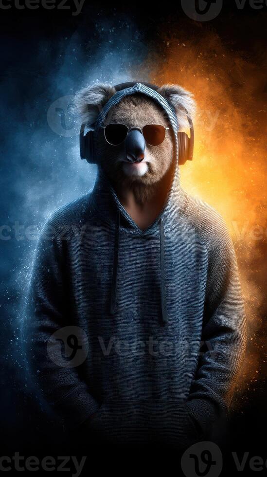 Koala in hoodie with headphones against vibrant blue and orange background showcasing a modern, distinct character design photo