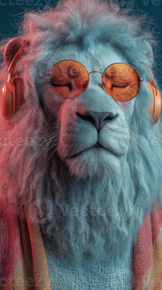 Colorful lion wearing sunglasses and headphones enjoys music in a vivid setting photo