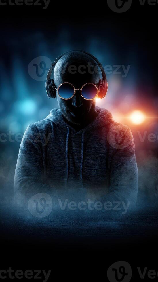 Mysterious figure in hoodie and sunglasses listens to music in a vibrant, dramatic atmosphere photo