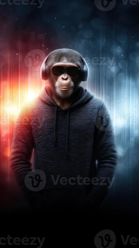 Monkey wearing headphones standing confidently against a vibrant backdrop of sound waves while engaging with music photo