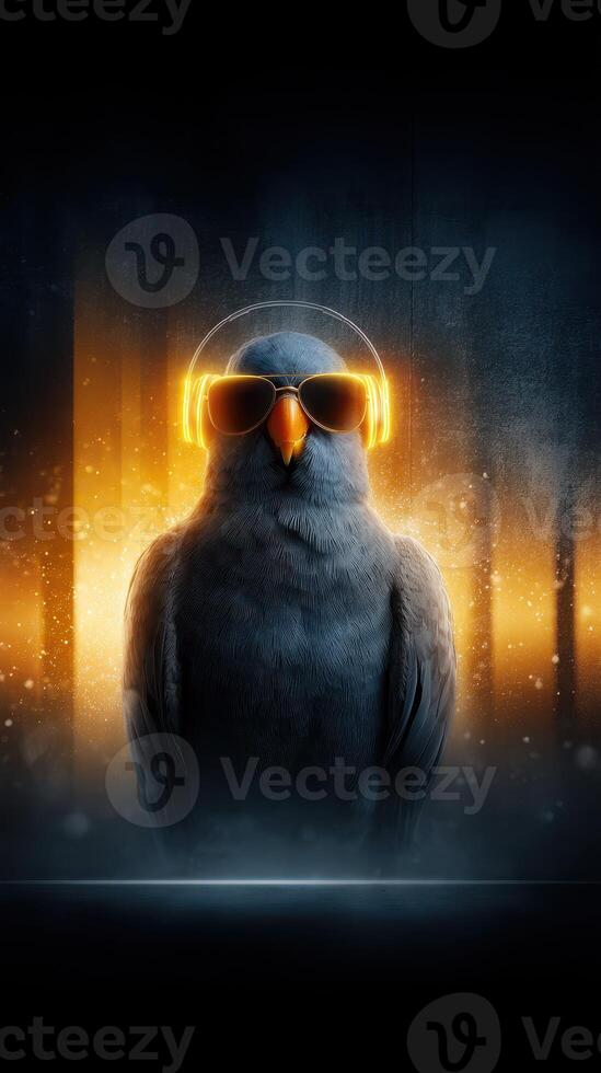 Futuristic bird with headphones relaxing against an abstract illuminated background photo