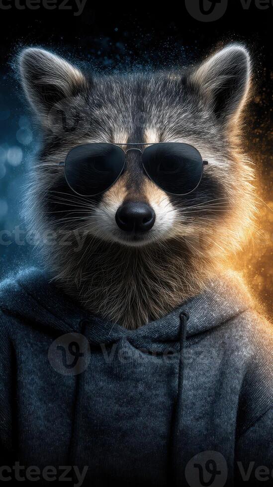 Raccoon wearing sunglasses and hoodie in a split-color background at night with a cool and stylish vibe photo