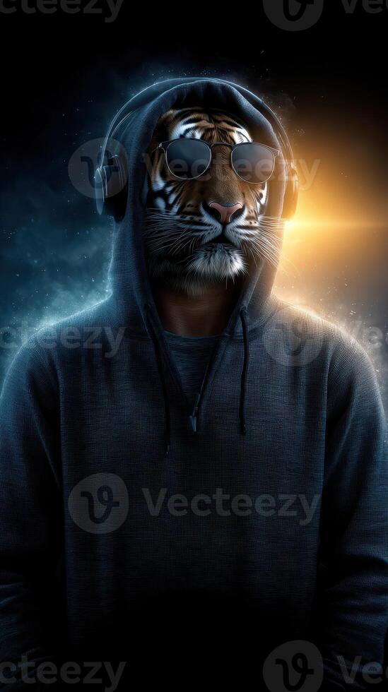 Futuristic figure wearing headphones with a tiger head and sunglasses standing in a vibrant, stylized backdrop at night photo