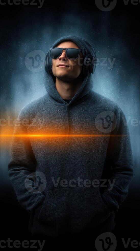 Confident music lover wearing sunglasses and hoodie enjoying sound in a cool urban environment at night photo