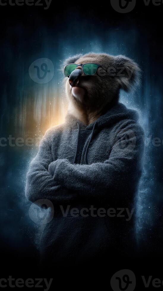 Koala in sunglasses poses confidently while wearing a hoodie amidst a dark, mystical background with a hint of light photo