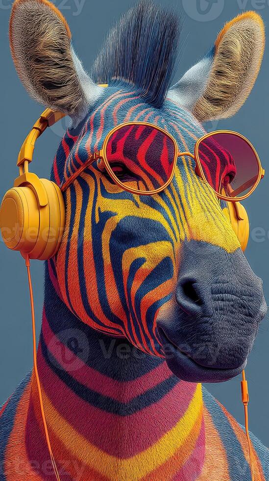 Zebra with vibrant colors and headphones enjoys music in a playful urban environment photo