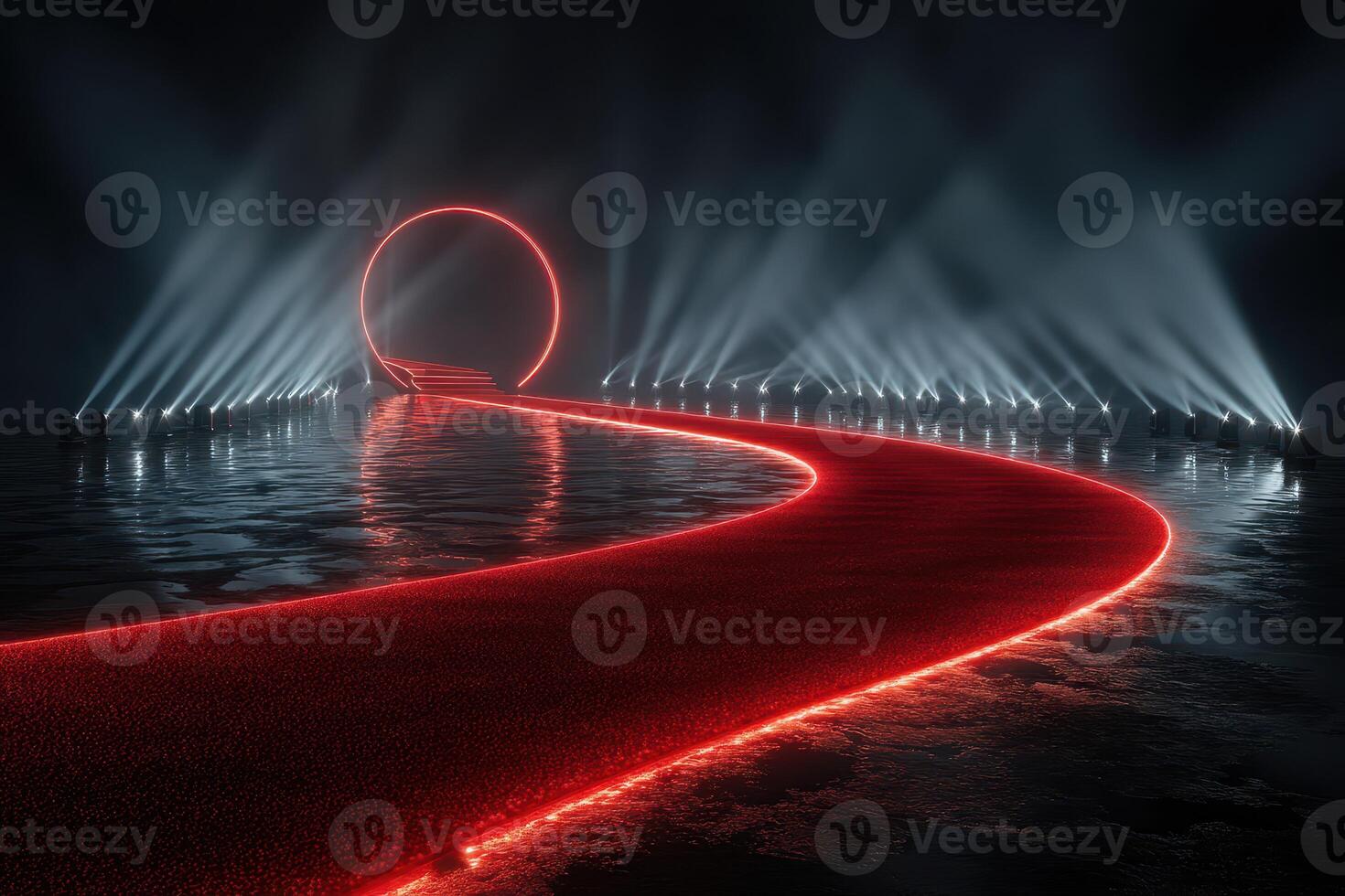 Glowing red pathway leads to illuminated circular structure on calm water at night photo