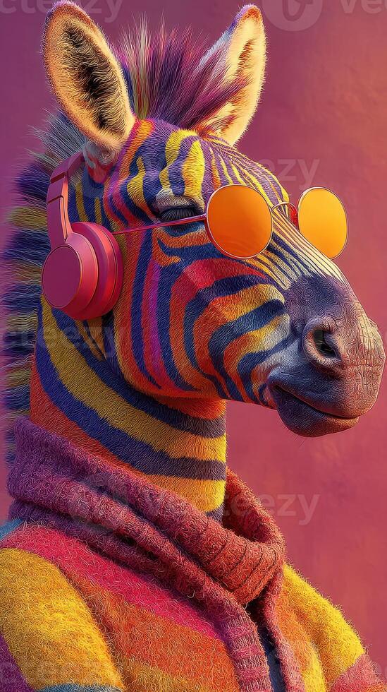 Stylish zebra wearing sunglasses and headphones poses in colorful attire against a vibrant backdrop photo