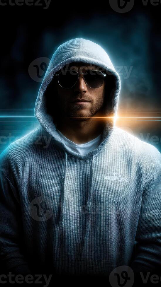 Determined individual in a hooded sweatshirt stands confidently under dramatic lighting photo