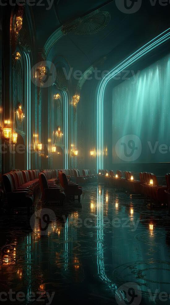 Elegant vintage cinema interior with neon lighting and plush seating creating a nostalgic atmosphere photo