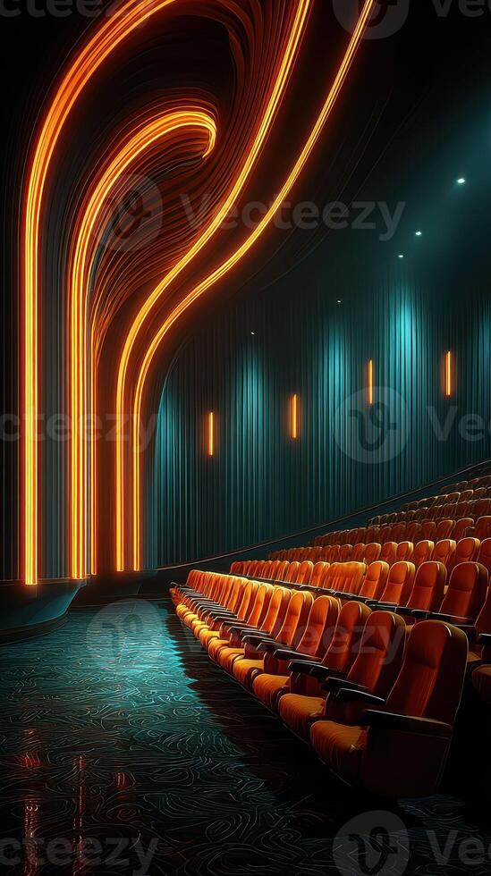 Unique modern theater interior with vibrant lighting and comfortable seating designed for an immersive viewing experience photo