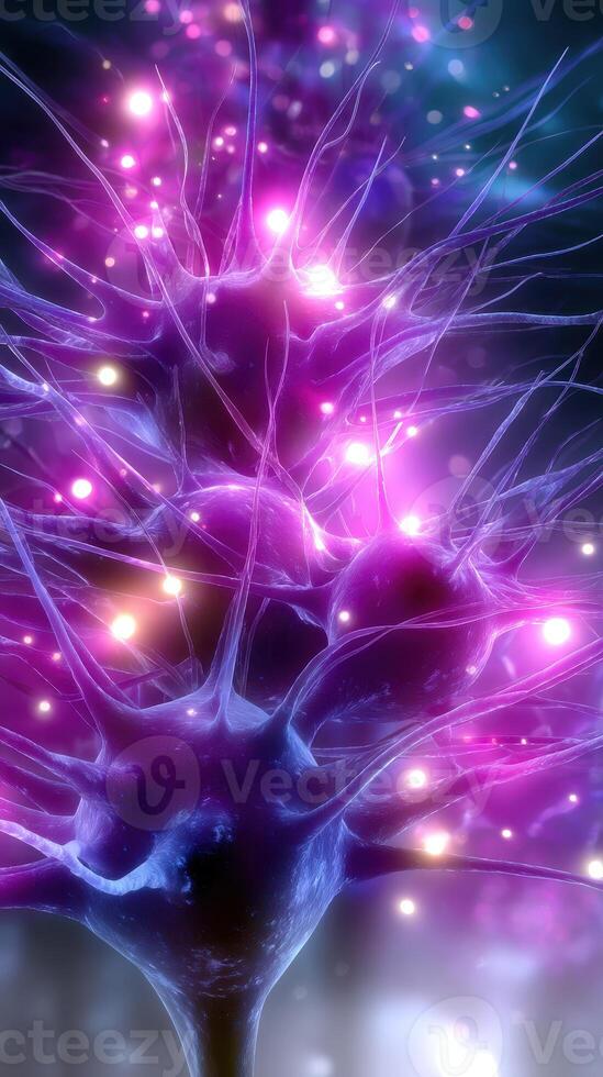 Neurons illuminated with vibrant purple and blue hues create a captivating display of biological intricacy and activity photo