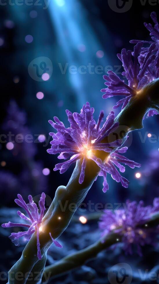 Colorful microscopic view of coral structures illuminated by light in a deep underwater environment photo