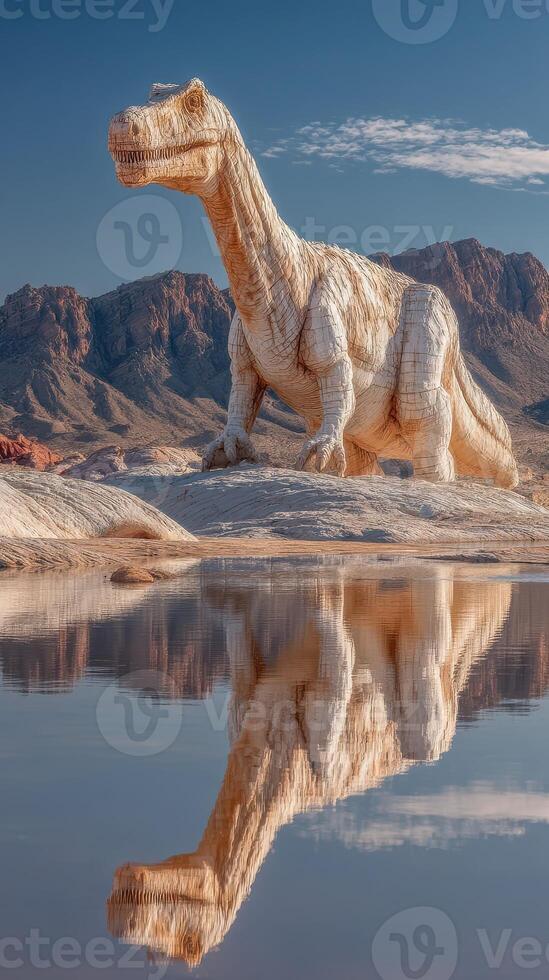 Realistic dinosaur sculpture reflects in serene water setting at a scenic desert location under clear blue sky photo