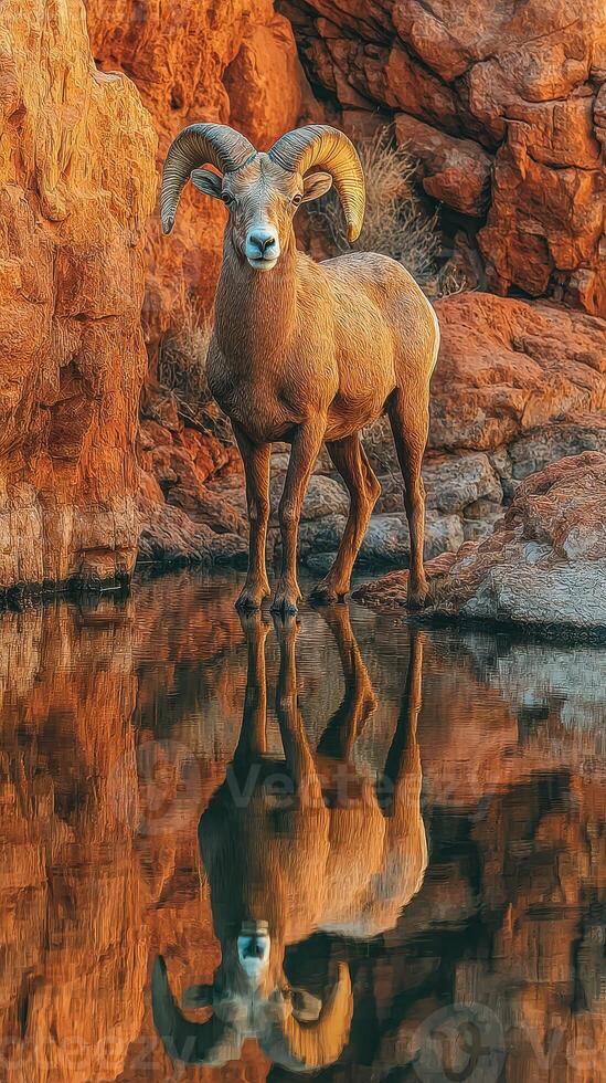 Ram stands majestically by the water reflecting its powerful image in the serene desert landscape during golden hour photo
