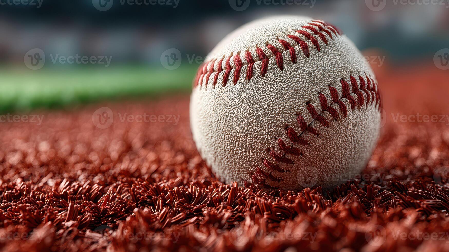 Baseball resting on red turf in a sports venue during an afternoon game photo