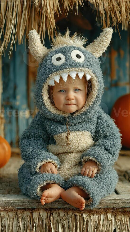 Cute toddler in a monster costume sitting on a wooden platform surrounded by pumpkins in a cozy autumn setting photo