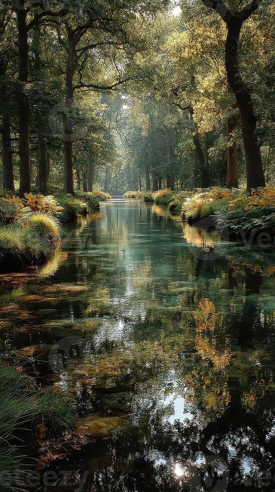Tranquil forest stream reflecting autumn foliage and sunlight in a serene natural landscape photo