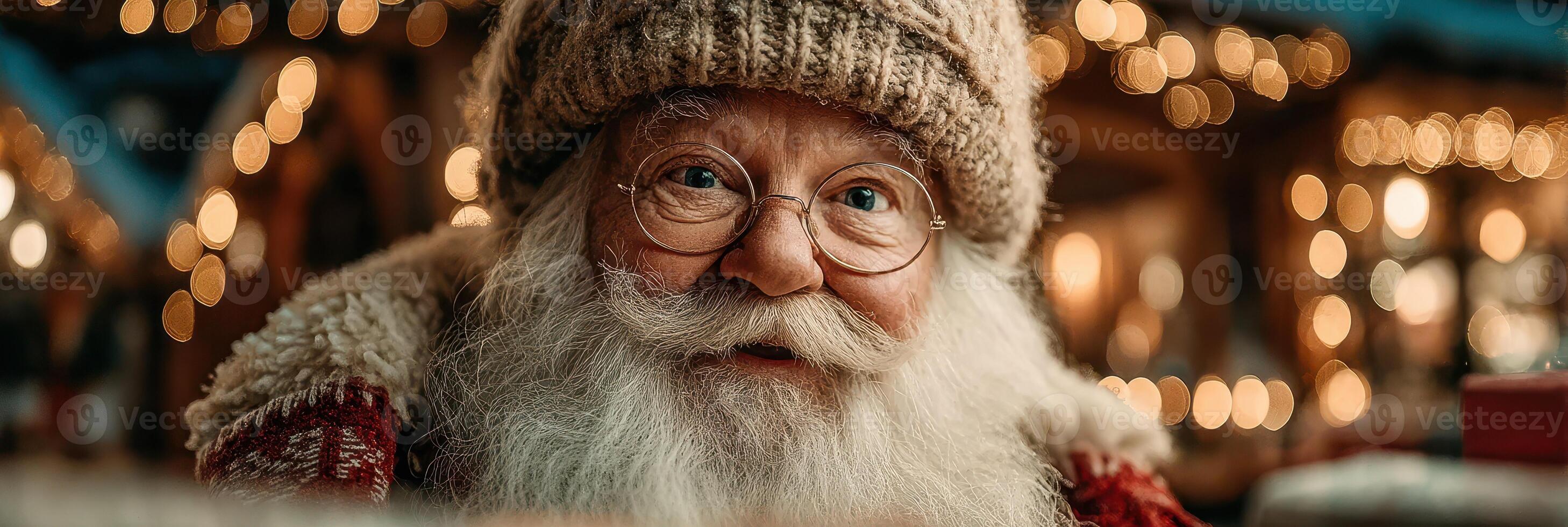Joyful elderly man with white beard and glasses smiles warmly at a festive holiday market during winter celebrations photo